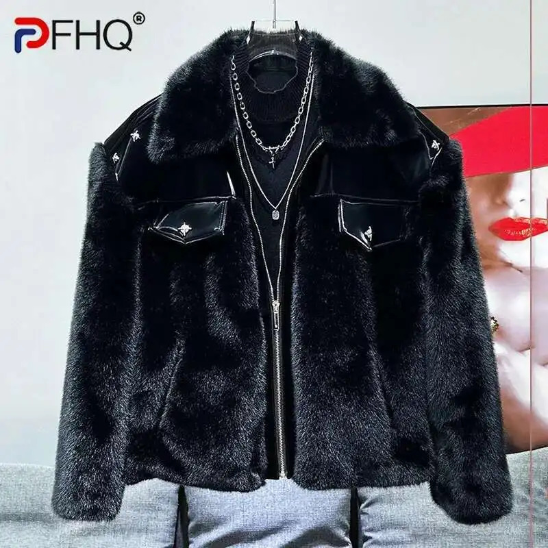 PFHQ Fashionable Patchwork Mens Parka Jacket Cotton Faux Mink Fur Thickened Autumn Winter Solid Color Warm Tops 21Z7717 251105
