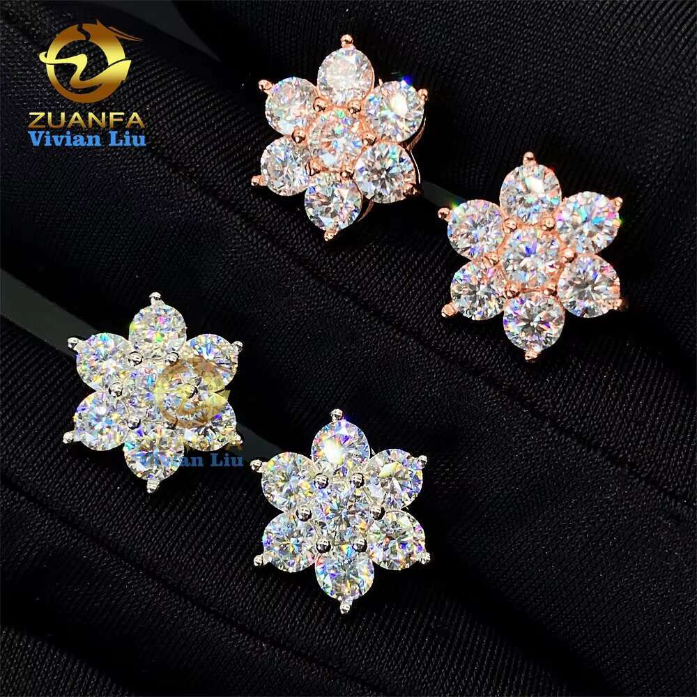 High Quality 18k Gold Plated 925 Sterling Silver Fashion Jewelry Luxury Shiny Vvs Moissanite Diamond Flower Jewelry Stud Earring