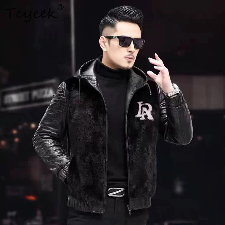 Tcyeek Sheepskin Mink Whole Autumn Winter Trendy V Neck Black Short Mens Genuine Leather Down Jacket Chaqueta Cuero Hombre 251103