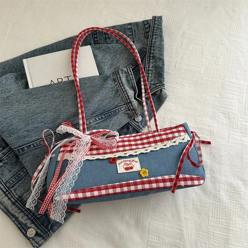 Versatile Lace Bow Plaid Women Shoulder Bags Casual College Girls Denim Underarm Bag Large Capacity Female Square Handbags Tote 251103
