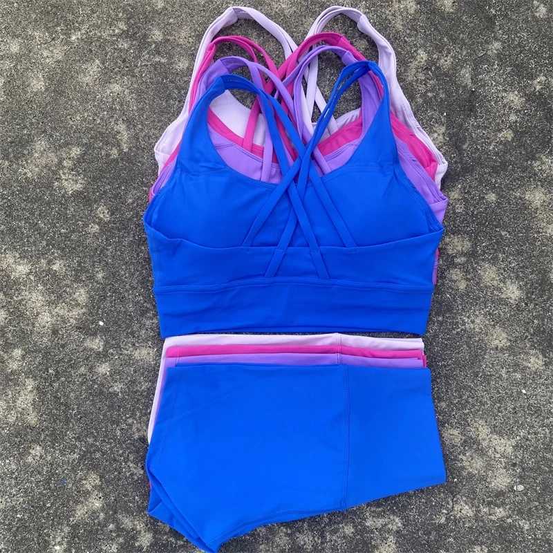 Solid color fitness bike yoga set short leg+cross back sports bra sportswear womens gym set comprehensive training joggingW250411