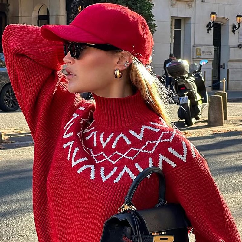 Women's multi-color blazer, stand-up collar long-sleeved sweater, diamond-patterned jacquard fabric, Fair Isle style, casual streetwear attire---