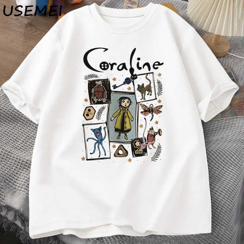 Coraline Halloween T-shirt Womens Spooky Retro T-shirt Harajuku Autumn Short sleeved T-shirt Cotton Womens Clothing M250411