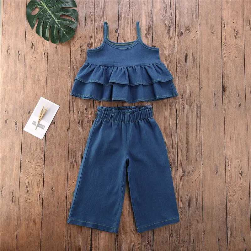 1-5 year girl denim suit sleeveless ruffled Camisol high waisted wide leg pants blue denim suitXJ250410