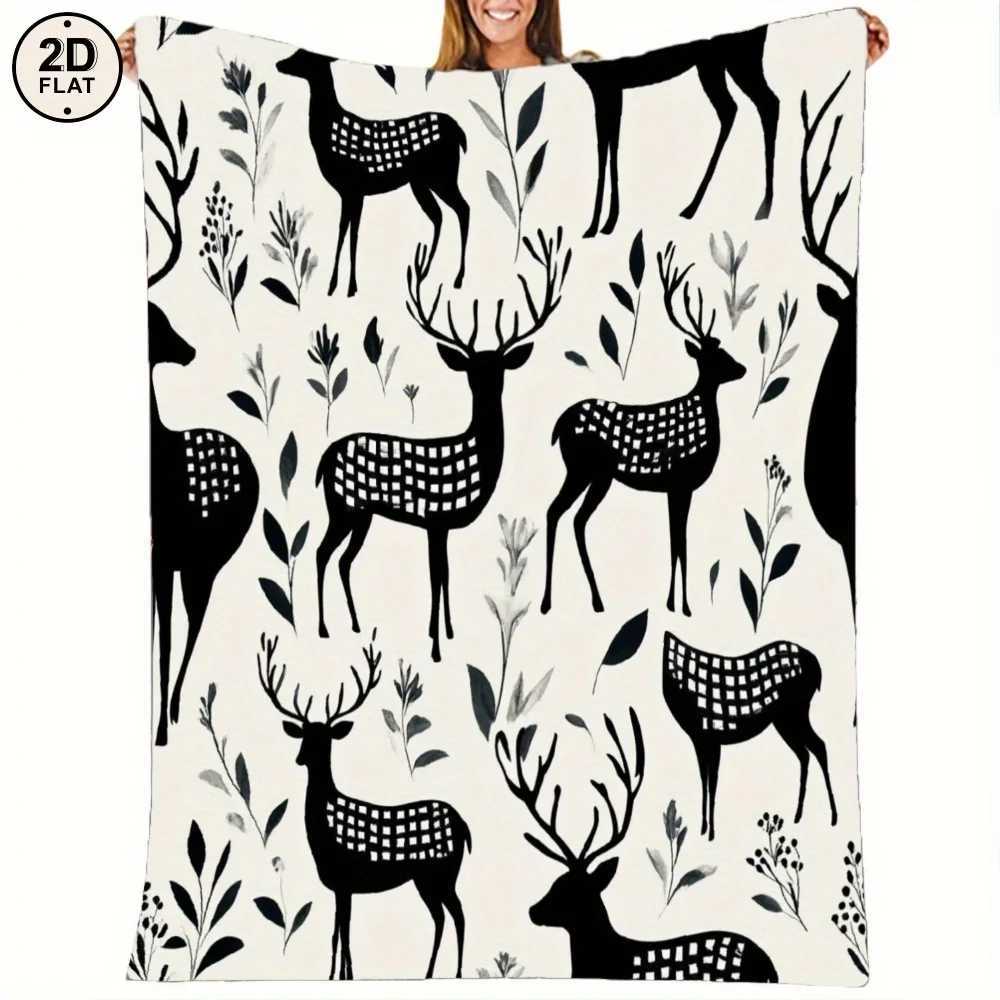 1pc Soft Flannel Blanket - Modern Nordic Deer Floral pattern in Black/White/ All-Season Luxury Throw for Living Room Bedroom C251111