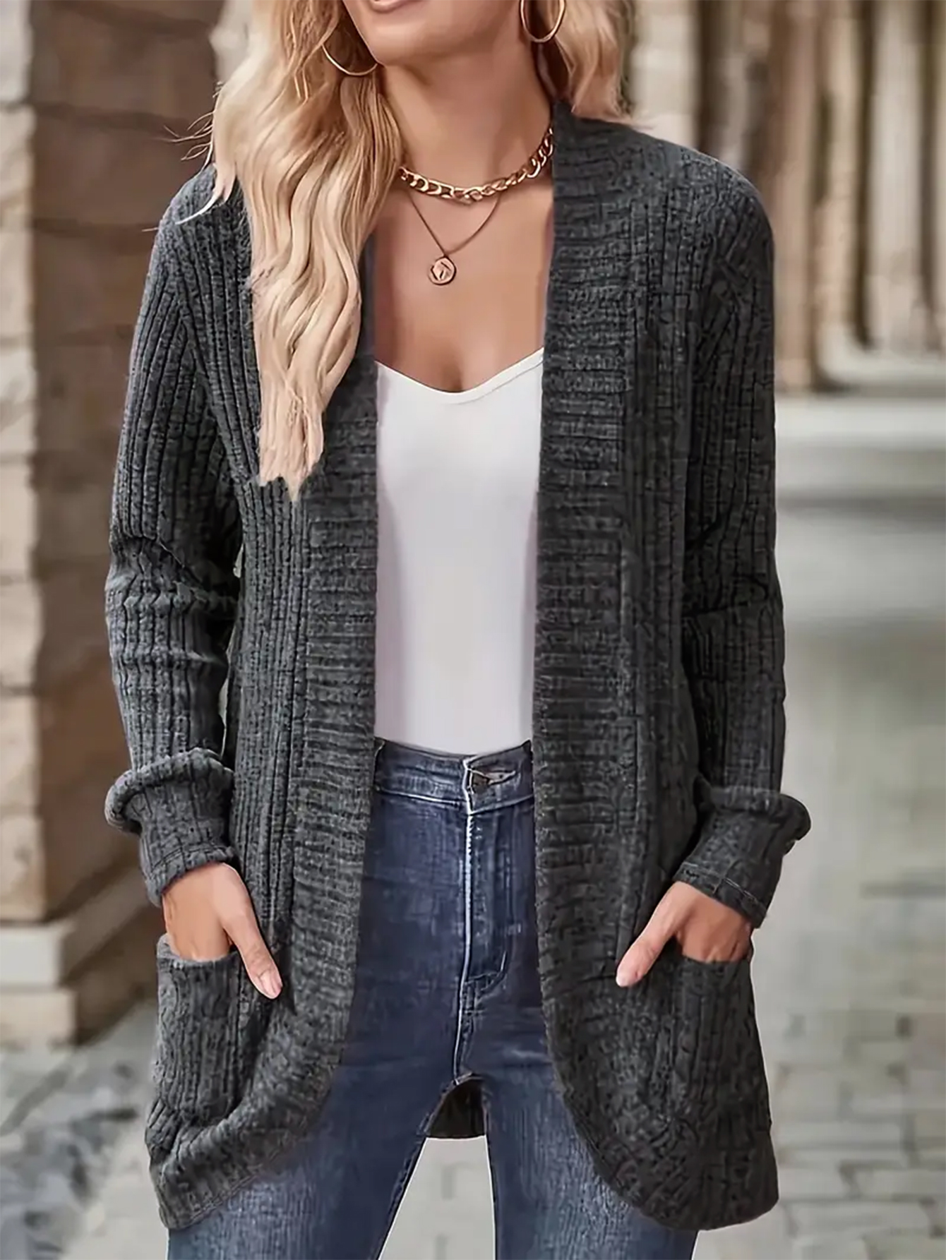 Women's Ribbed Knit Cardigan, Casual Fashion Open-Front Sweater Jacket, Long Sleeve with Pockets, Loose Fit for Daily Wear & Layering Outfits-T4