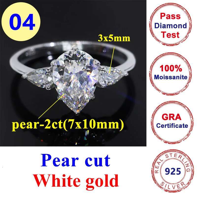 2CT Full Moissanite Diamond D Color VVS Pear Cut Womens Ring S925 Sterling Sliver Plated White Gold Wedding Rings for Women