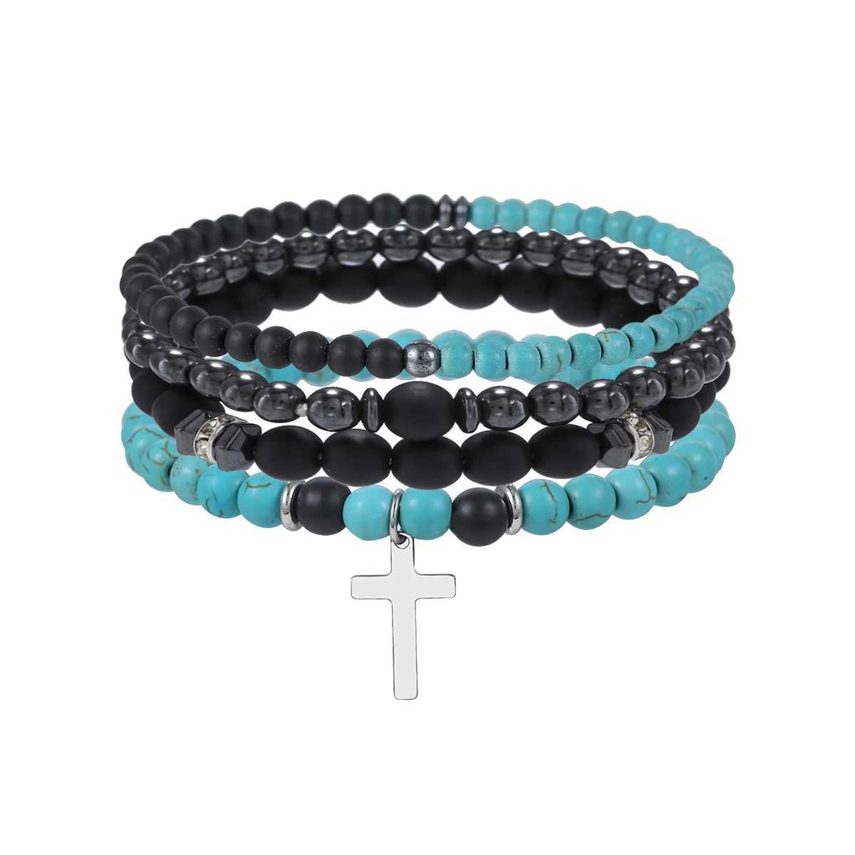 4Pcs/Set Black Gall Stone Volcanic Stone Wood Beads Multi-layer Mens Combination Elastic Bracelet For Couple Friends JewelryC250410