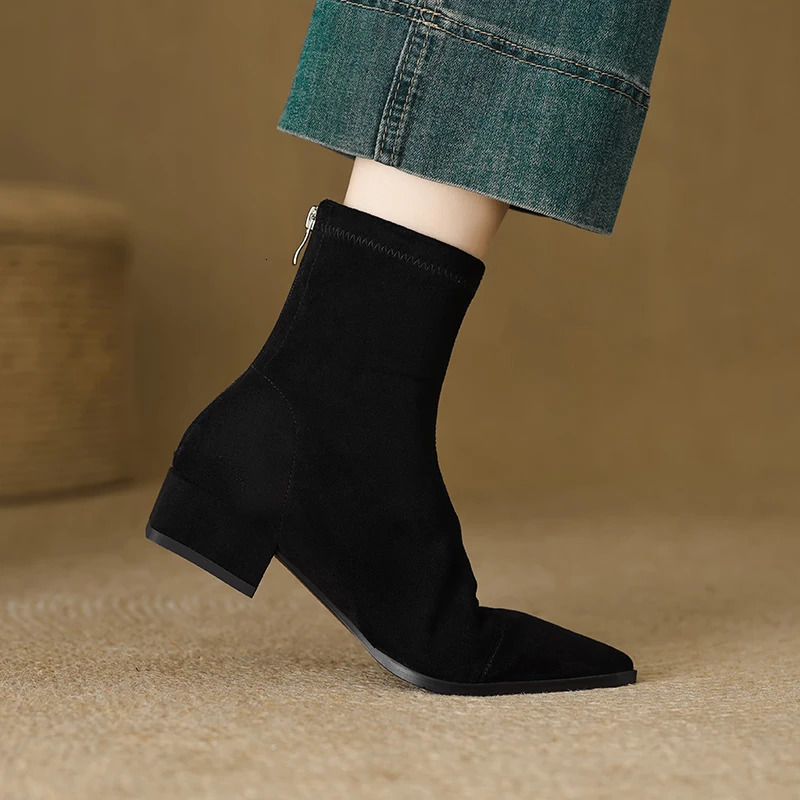 Autumn Vintage Suede Women Ankle Boots Ladies Concise Pointed Toe Thick Heel Short Botas Zapatos De Mujer 251110