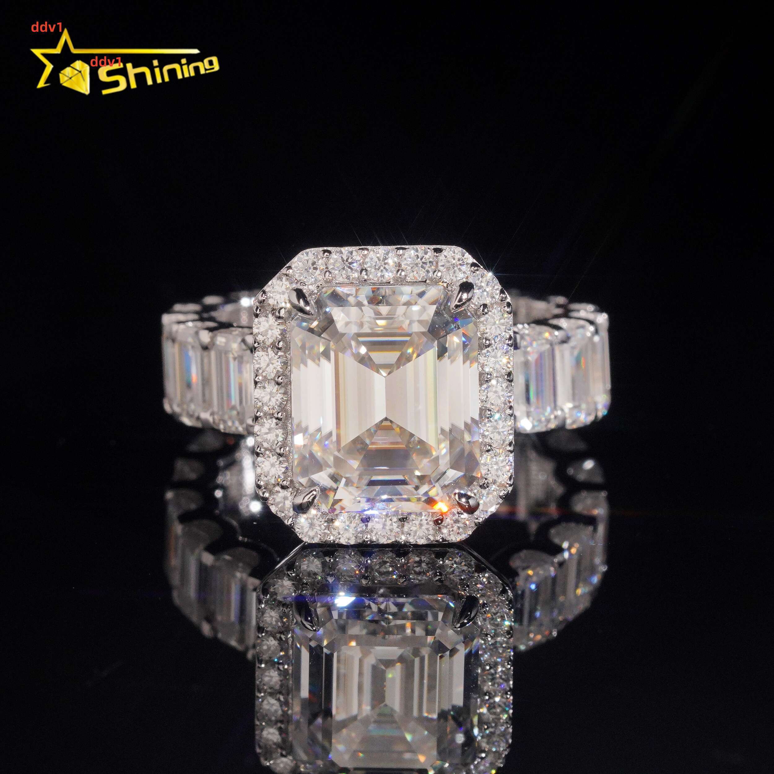 Pass Diamond Tester Wholesale Solid Silver 925 VVS Moissanite 5ct Emerald Cut Engagement Band Ring Iced Out Wedding Ring