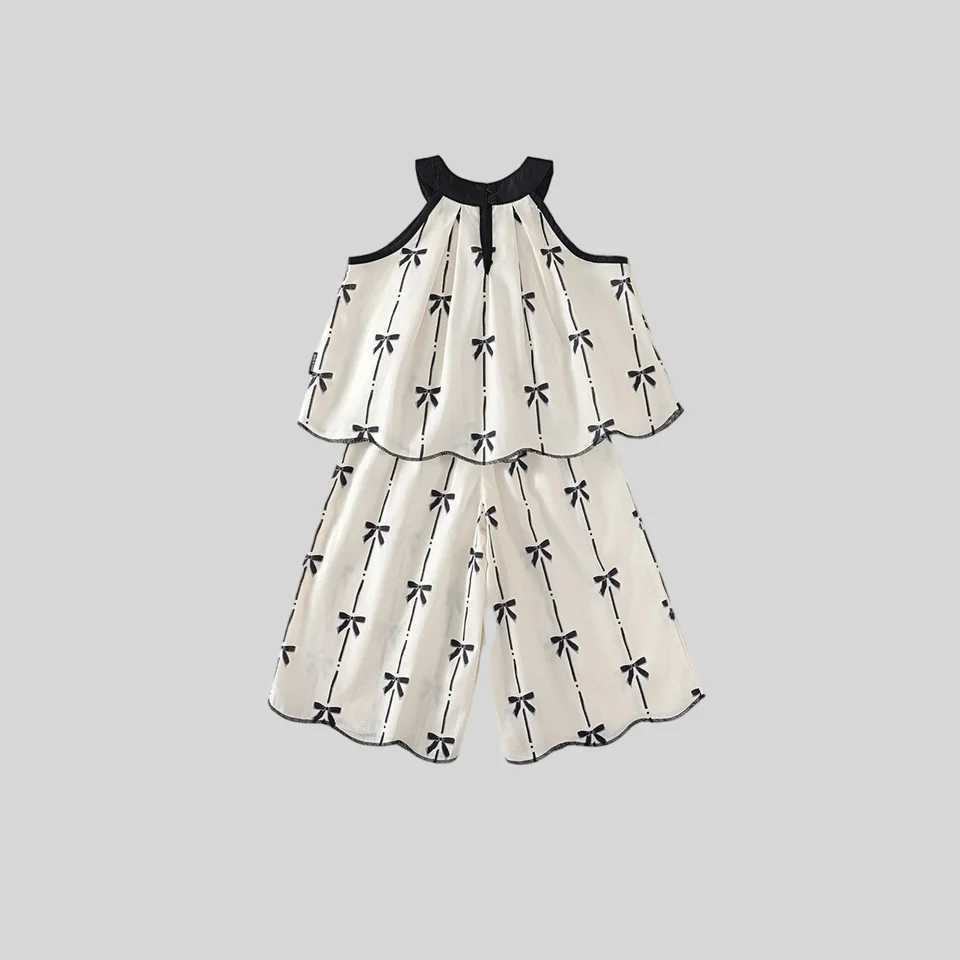 Summer 2025 New Girl Pure Cotton Two Piece Set - Korean Sleeve Bow Sleeveless Strap Top and Wide Leg Loose PantsXJ250410