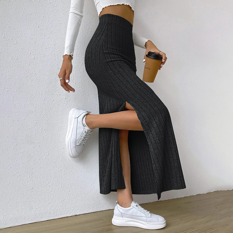 Womens Skiing 2024 SpringSummer Korea High Waist Elastic Slim Hip Knitted Sexy Bodycon Midi Clothing M L XL XXL 250407