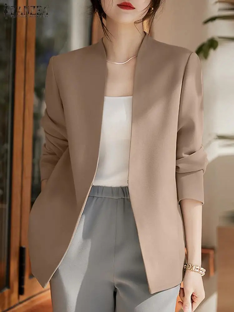Womens outerwear ZANZEA autumn cardigan womens jacket solid OL workwear fashionable casual Vneck long sleeved thin 250407