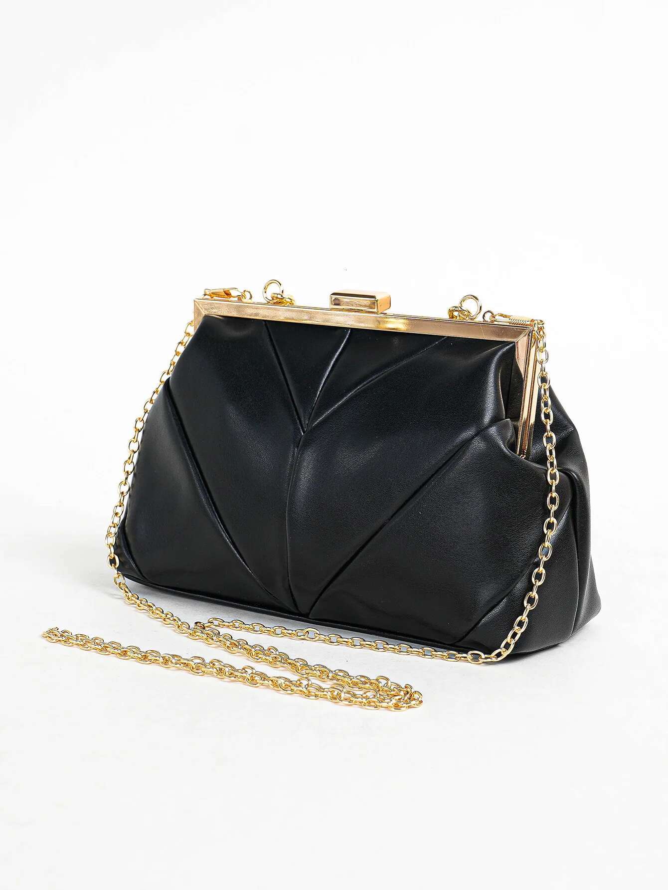 2025 new PU leather elegant pleated kiss lock evening bag shiny metal chain frame cross body handbag designer women's out handbag4