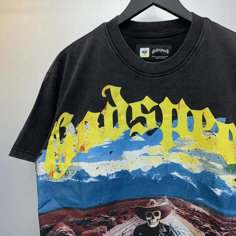 Men's T Shirts Euro-american Crew Neck Top Skeleton Knight Pattern Back Foam Letter Print Male Female Fashion All-match T-shirt