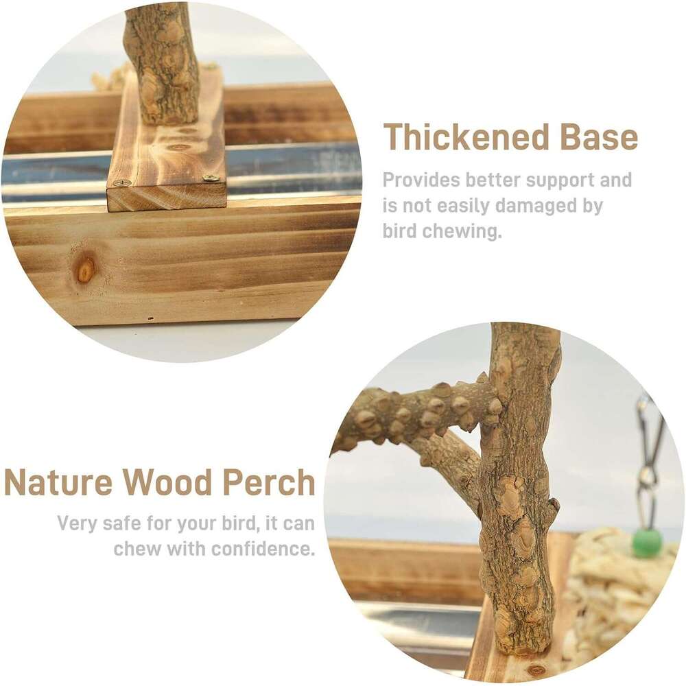 LIMIO Large Beige Bamboo Bird Playground with Removable Tray and 2 Cups