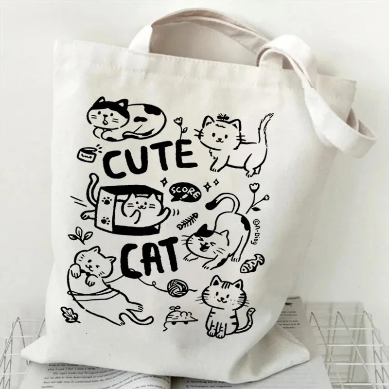 Cute Cat Print Canvas Tote Bag Various Kitty Patterns Shoulder Large Capacity Handbag For Daily Shopping School Commute 251110