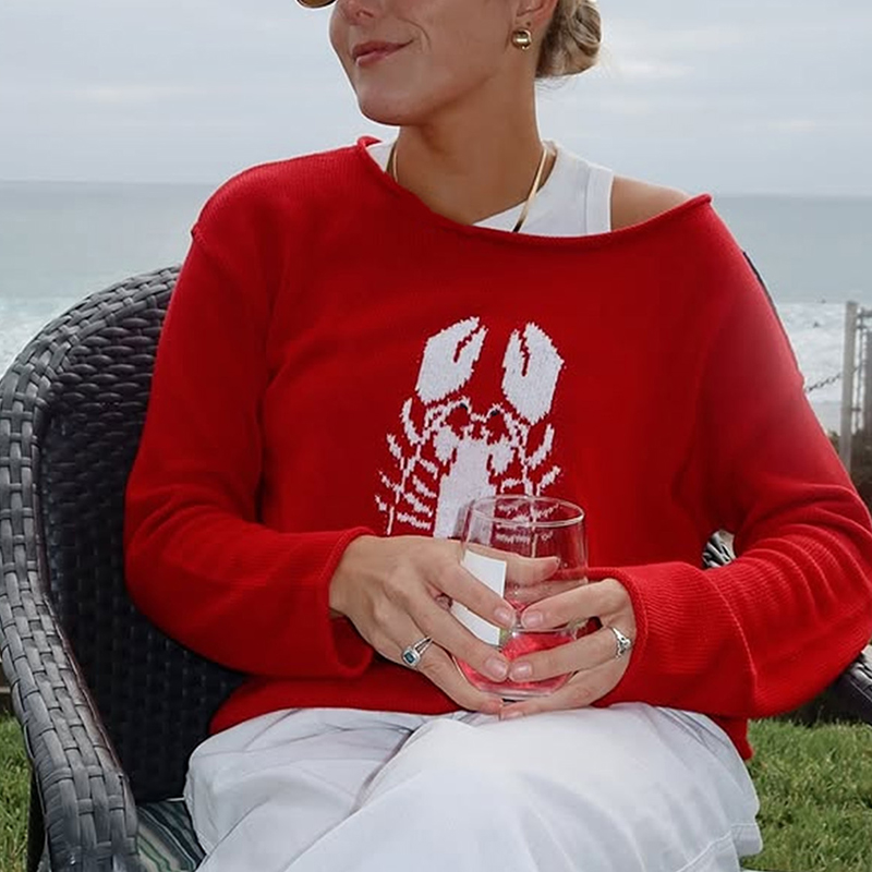 Women's multi-color lobster print sweater, off-the-shoulder long-sleeved top, troffice outfits for women, outerwear, christmas outfit for women--