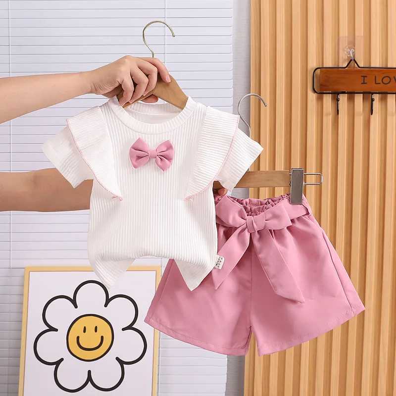 Baby girl summer clothing set with bow top and shorts 2-piece childrens clothing ensembleXJ250410