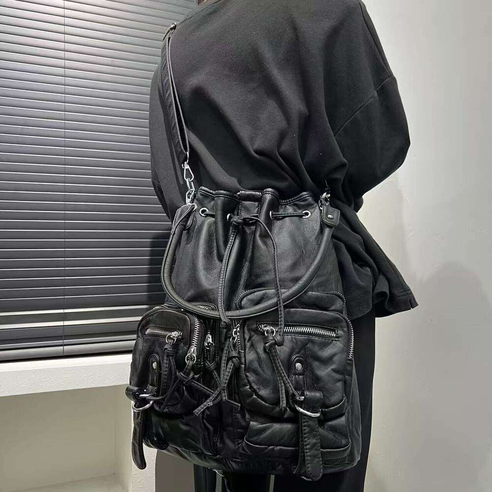 Y K Inspired Black Motorcycle With Multiple Pockets Durable Synthetic Faux Leather Adjustable Strap Perfect For Work Dates Parties Commute