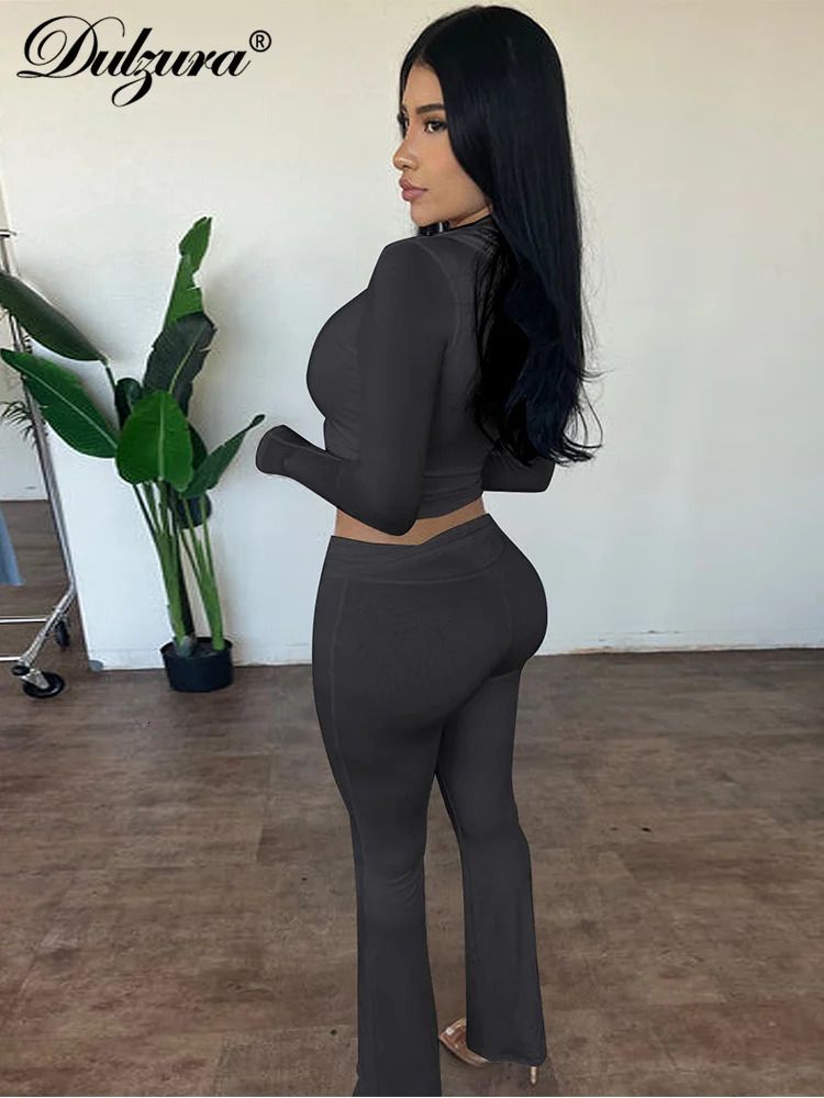 Dulzura Solid Casual Sports 2 Piece Pants Set Long Sleeves Zipper Hoodie And Flare Pants Matching Set Streetwear Autumn Winter 251106