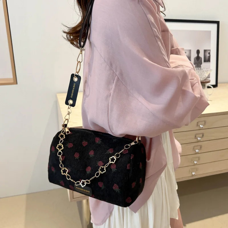 Strawberry print horizontal mini bag Corduroy Fresh Ins style lingerie refined female student travel shoulder 250401