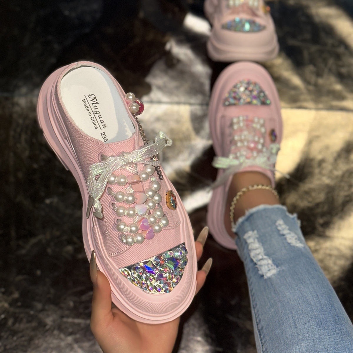 Sparkling Pearl Women's Canvas Shoes Casual Sports Shoes Women's Fashion Luxury Casual Shoes Lace up Sports Slippers Designer Outdoor Beach 