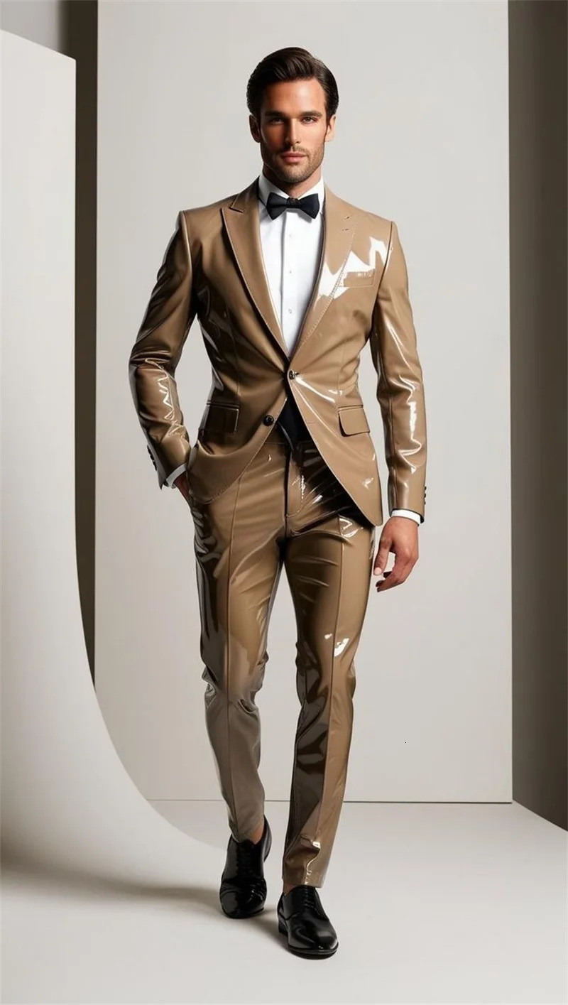 Bright PU Leather Men Suits Set 2 Piece BlazerPants Trousers Wedding Tuxedo Formal Office Groom Prom Jacket Business Coat 251107