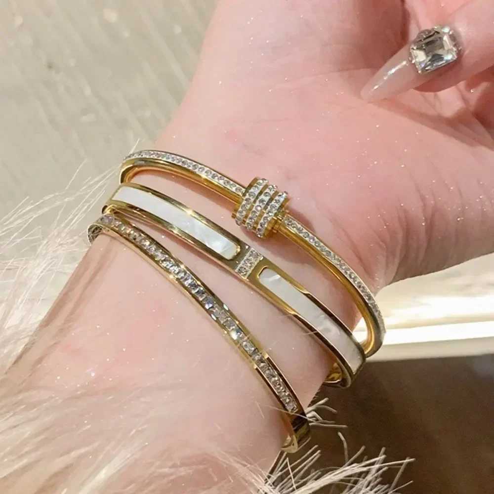 Luxury Stainless Steel Zircon Wide Bracelet for Women New Korea Fashion Wedding Bride Bangle Jewelry Accessory Gift ColorfastC250410