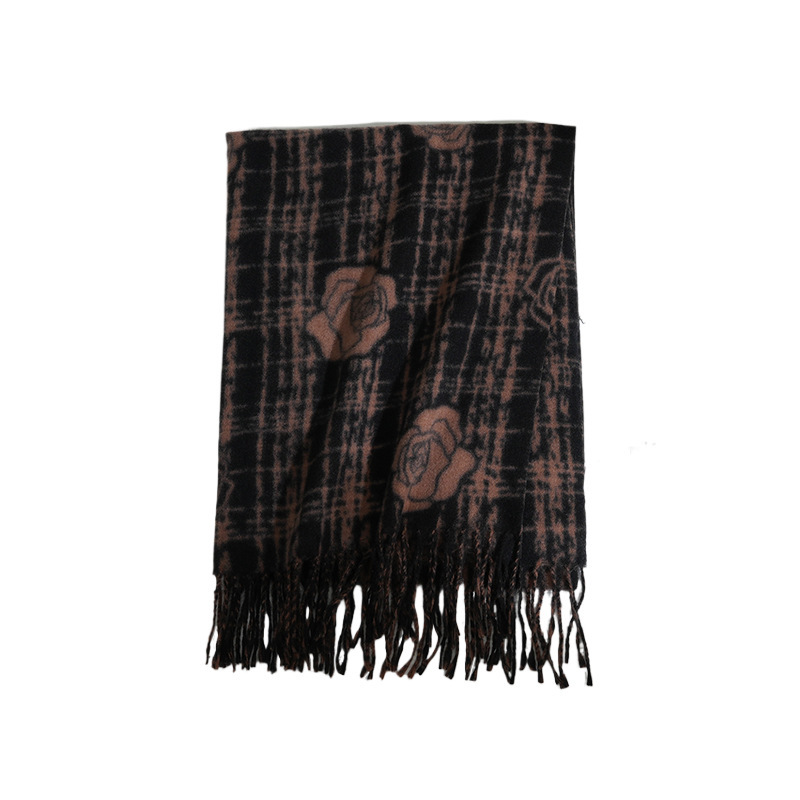 Cross-Border New Imitation Cashmere Scarf Camellia Print Versatile Neck Warmer Thickened Warm Outerwear Tassel Shawl