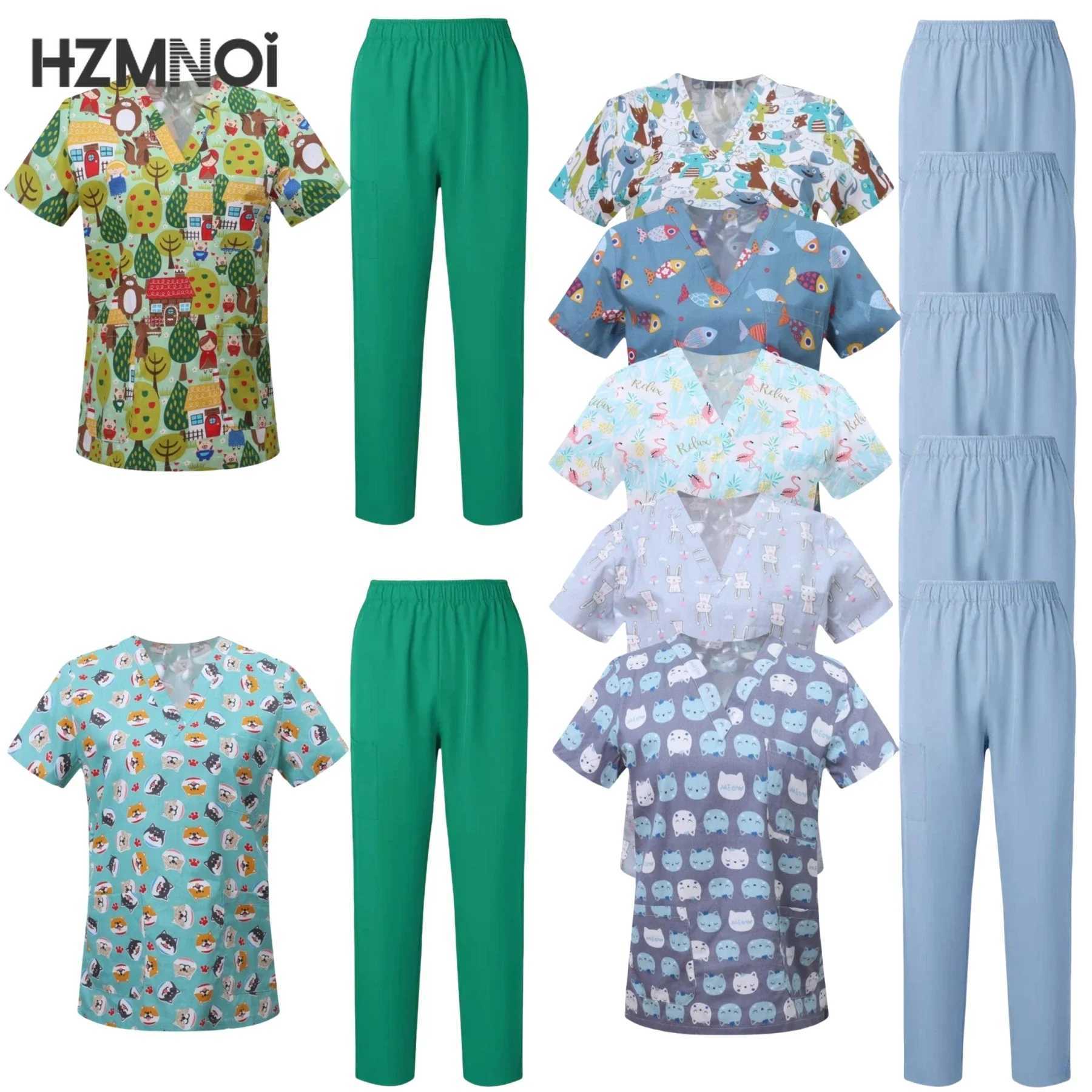 Surgical Uniform Womens Printed Shirt Pocket Pants Medical Matte Set Beauty Sn Work Clothes Clinical Matte Top+Pants Spa Set X250410
