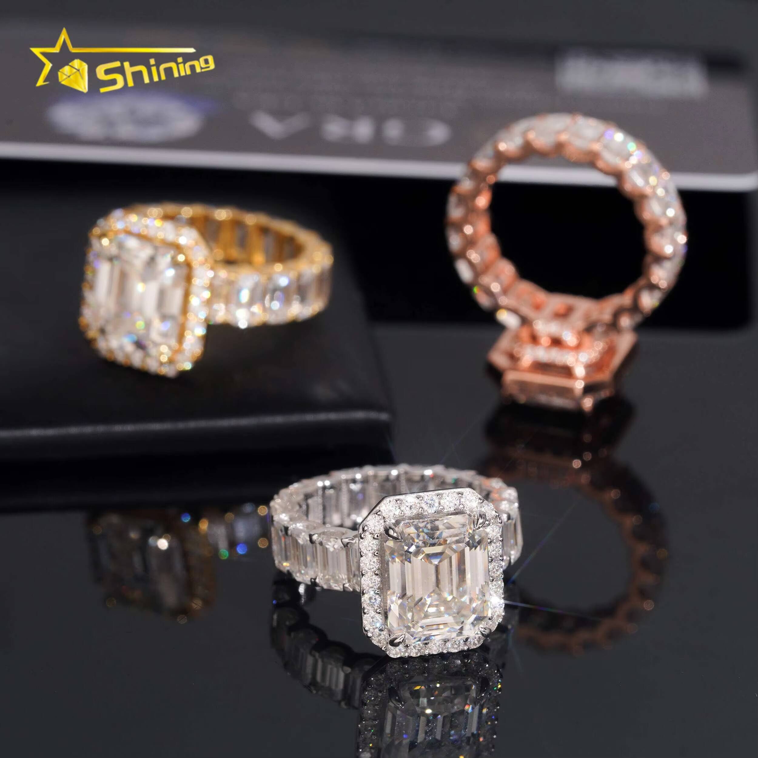 Pass Diamond Tester Wholesale Solid Silver 925 VVS Moissanite 5ct Emerald Cut Engagement Band Ring Iced Out Wedding Ring