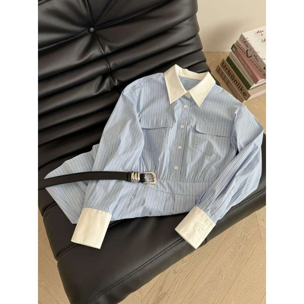 SS Blue White Vertical Stripe Shirt Dress Korean Style, Oversized Loose Tunic With Contrast Collar & Slimming Belt