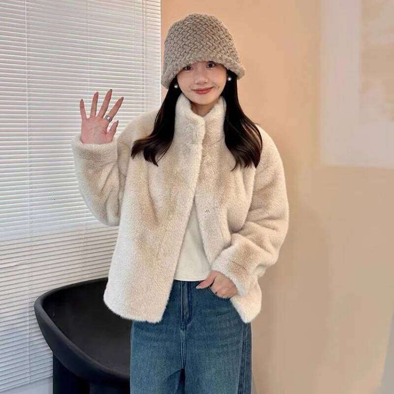 Women Fashion Stand Collar Mink Top Female Long Sleeves Fox Jacket Autumn And Winter Lady Short Leather Fur Outwear