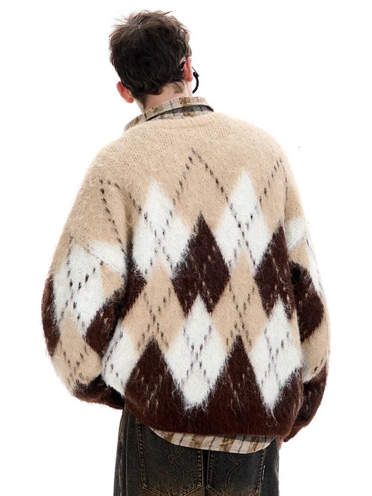 Spliced Christmas Red Diamond Grid Top Checkered Round Neck Knit Long Sleeve Retro Sweater Women Street Loose Casual 251106