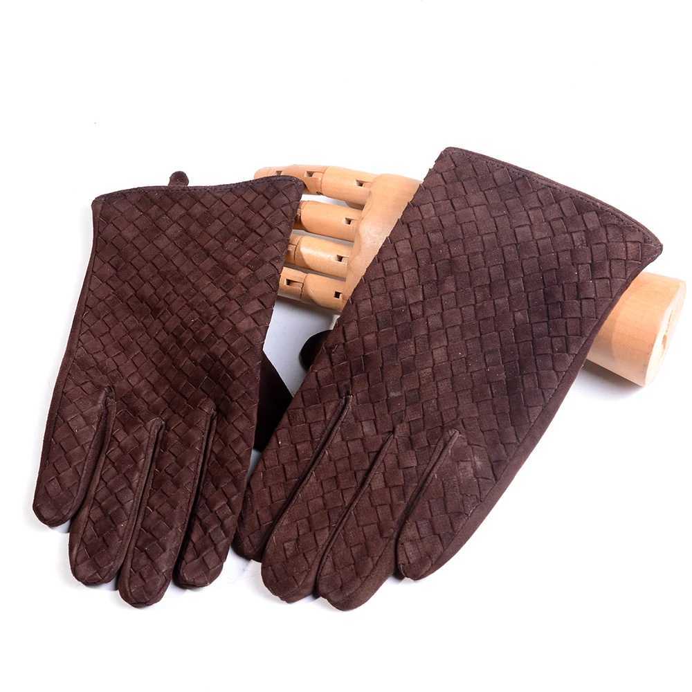 Mens 100 Real Leather Winter Warm Classical Woven Design Lambskin Goatskin Classical Driving Riding Short GlovesW251111