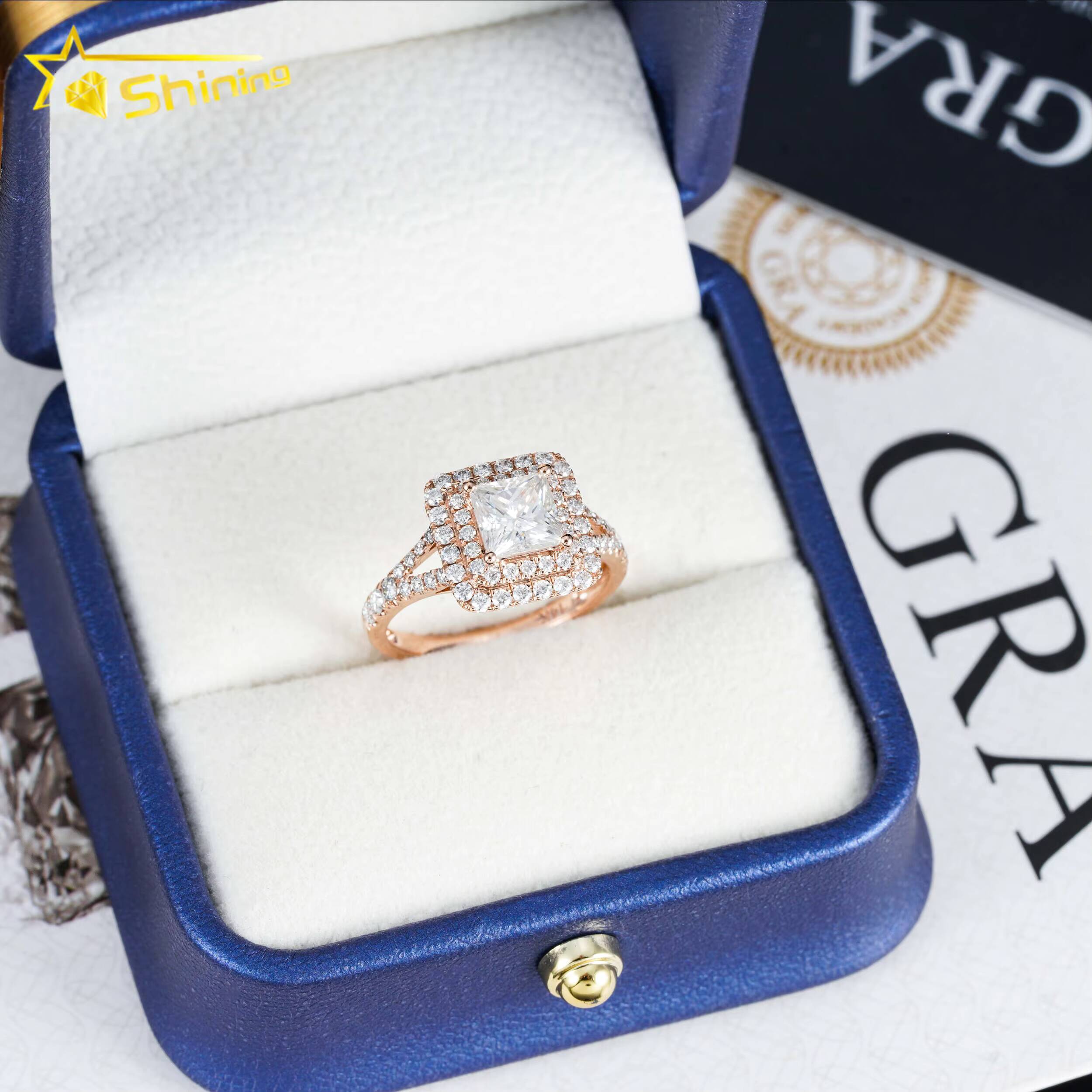 New Halo Design14K Soild Gold 6x6mm 12ct Princess Moissanite Diamond Ring Custom Fancy Shape Wedding Rings for Women