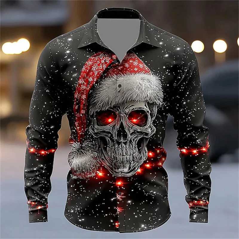 Christmas Mens Skull Button Shirt Long Sleeve Dark Punk Gothic Style Outdoor Holiday Spring Autumn Lapel Shirt Black K251110