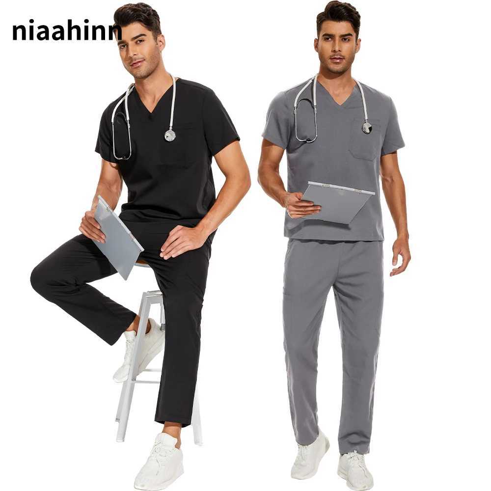 Mens frosted medical uniform laboratory set Mens clinic Hospital doctors Overalls V-neck Fashion frosted pharmacy nurse clothing X250410