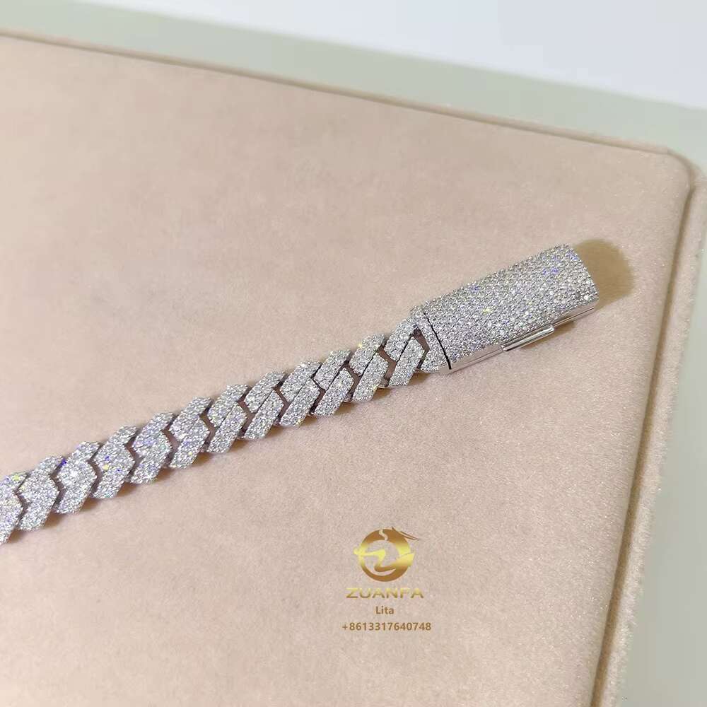 Fashion Fine Iced Out Jewelry Custom Gold Plated Long Clasp Cuban Link Chain Moissanite 10mm Silver Cuban Bracelet