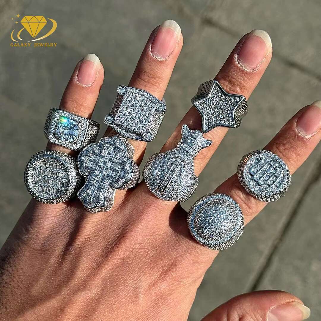 Fashion Jewelry Moissanite Hip Hop Ring Vvs Moissanite Rings 925 Silver Iced Out Baguette Flower Bud Moissanite Cross Ring