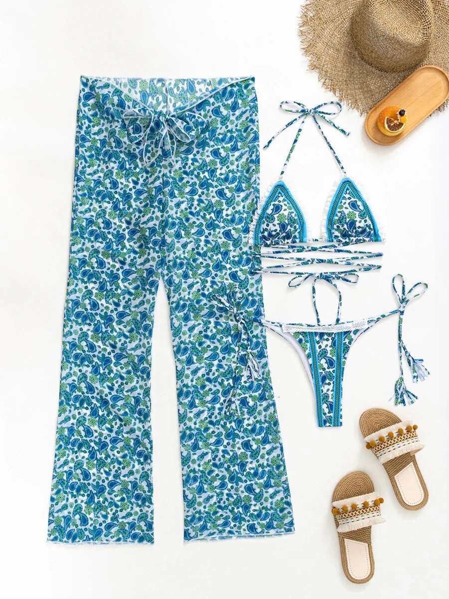 Triangle Print Bikinis Halter Swimwear Women'S Three Piece Swimsuit With Ties Sexy Bathing Suit Mesh Long Trousers Black Biquini