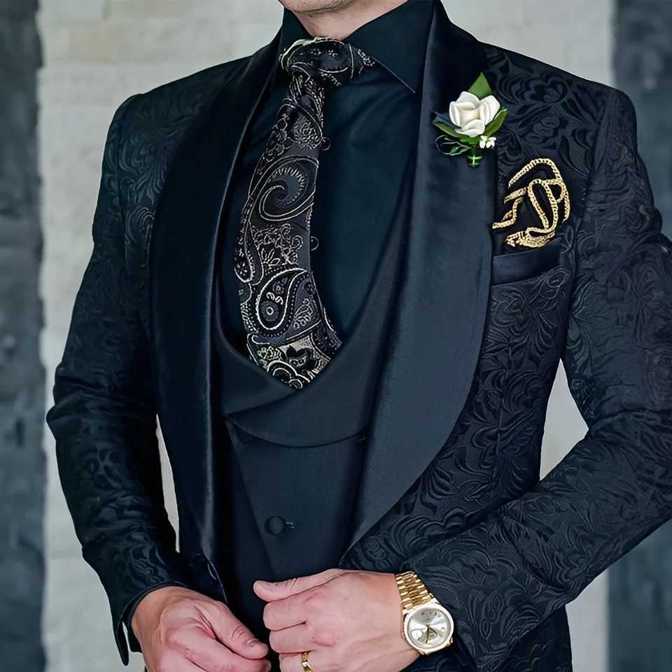 Jacquard mens 3-piece formal party dress grooms tailcoat high-quality elegant mens custom set W250410