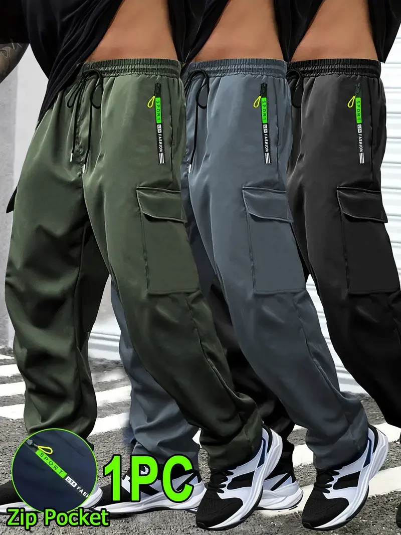 1pc Men Lightweight Cargo Pants with Drawstring Elastic Waist Multiple Zipper Pockets Large Side Pockets Breathable Regular Fit 251110