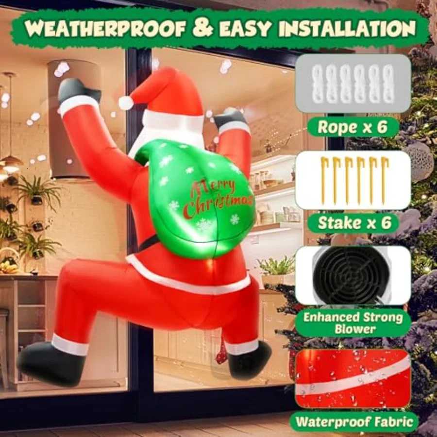 Christmas 6FT Christmas Inflatable Decorations Hanging Santa Builtin Bright LEDs Climbing Santa Claus with Gift Bag for Window Wall Outdo Y251111