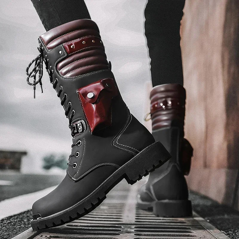 Winter High Heel Men Boots Casual Fashion Punk Motorcycle Boots Lace-up Leather Biker Solid Boot Military Men Shoes 251106