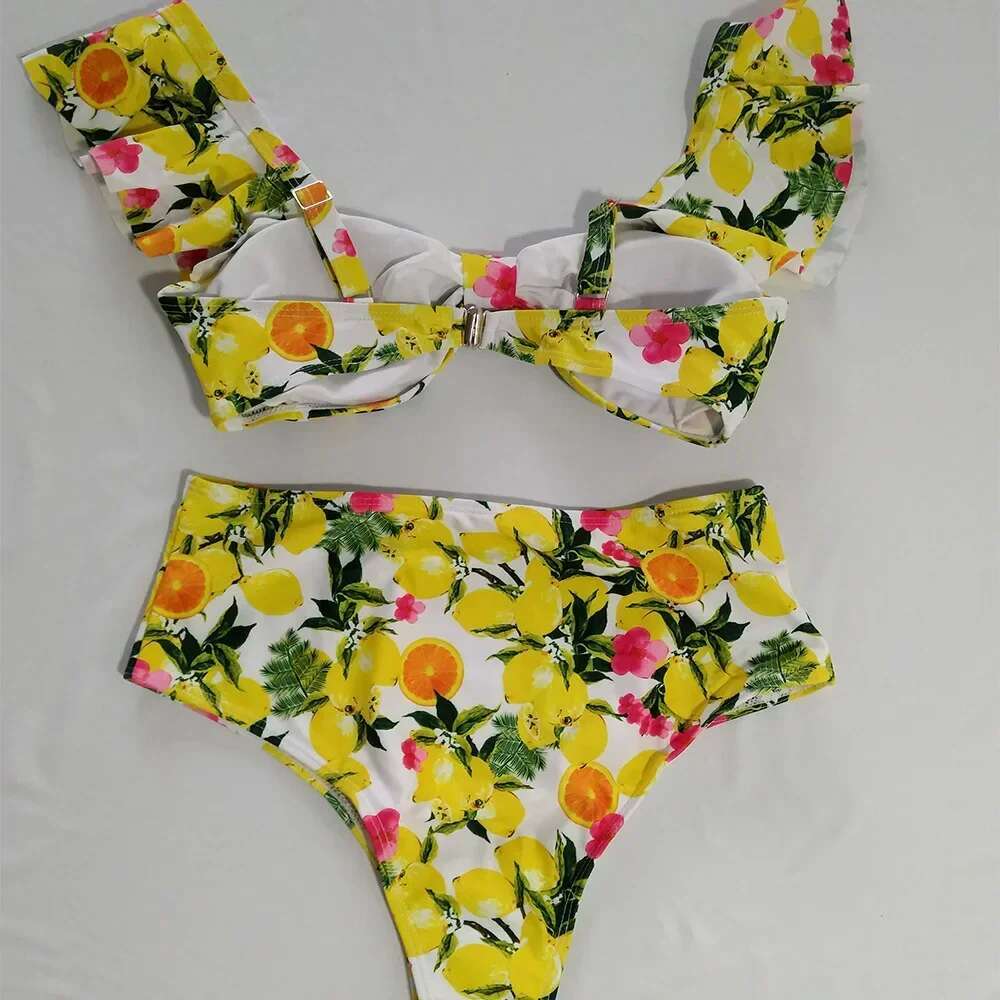 Sexy Women Push Up Swimwear Swimsuit Fruit ral Print Ruffle High Waist Bikinis Set Bathing Suit Beach Bikini Female