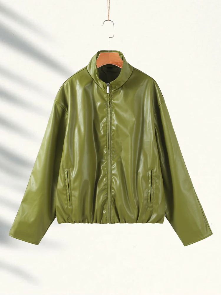 Vintage Street Leather Skirts Coats Suits Women Standneck Zipper Long Sleeves Sets Female 2025 Autumn Fashion Solid Streetwears 251105