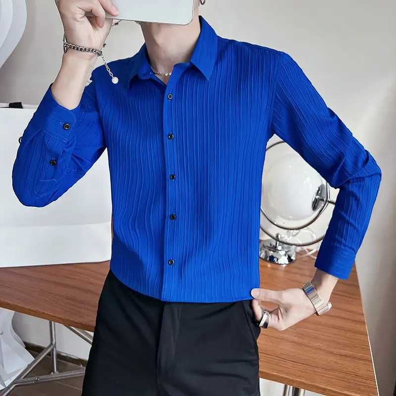 Streetwear Fashion Korean Clothing Solid Shirts Spring Autumn Men Long Sleeve Striped Lapel Single Sockets Business Casual Tops K251110
