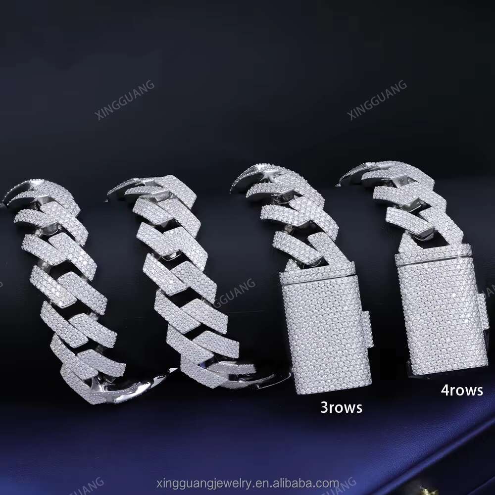 20mm 3Rows 4Rows Stones Heavy Cuban Link Chain Necklace S925 Silver Iced Out VVS Moissanite Mens Cuban Chain Hip Hop Jewelry